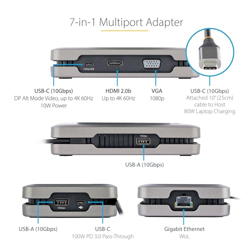 Image of StarTech.com USB-C Docking Station for Windows and ChromeOS, Dual Monitor 4K 60Hz USB-C /HDMI or 1080p VGA, HDR10, USB 10Gbps Hub, 100W Laptop Charging, GbE - TAA