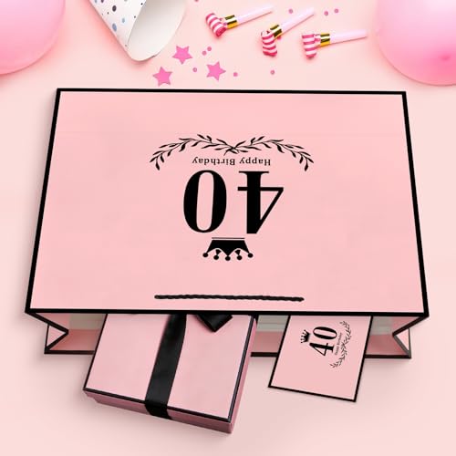 Image of JMANNI 40th Birthday Gift Bag, Pink with Black Satin Bow & Crown Design, Large Happy 40th Birthday Present Bag for Party Favors, Size 14.17 inchx9.84 inchx4.33 inch