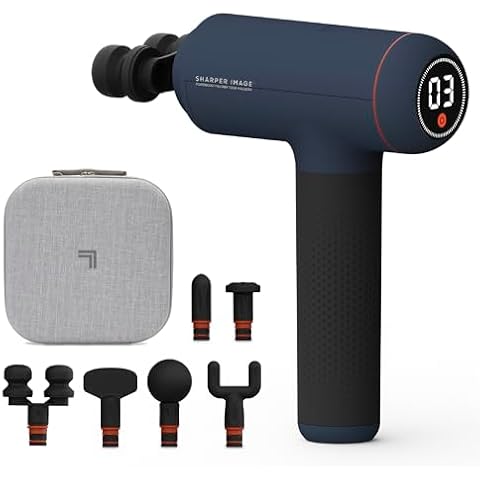 Sharper Image Powerboost Max Massage Gun - with Attachments, Quiet Motor, Ergonomic Grip, 7-Speed Lightweight Percussion Massager, Deep Tissue Full Body Muscle Recovery & Pain Relief - Blue Cover