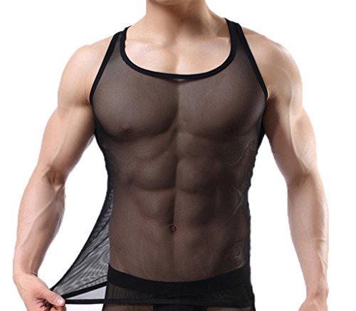 OUYE Men's Mesh See-Through Tank Top Vest Medium Black