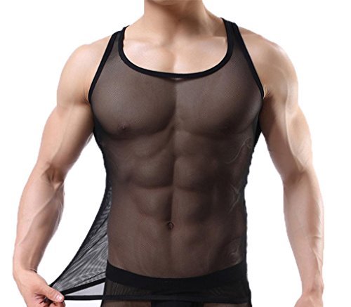 mesh tank - Ouye Men's Mesh See-through Tank Top Vest , Black, US L - (Tag Asian 3XL)