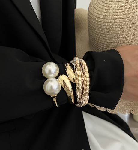 Image of Chunky Gold Bangle Bracelets for Women, Dainty 14k Gold Plated Big Stackable Bangles Set, Trendy Statement Cuff Bracelet Stack Fashion Jewelry Gifts