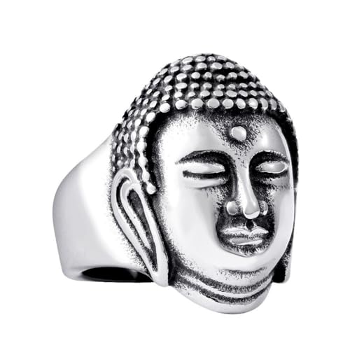 男性用釈迦頭リング、チタンスチールスピリチュアル仏教ジュエリー レトロステートメントリング 日常着用&ヴィンテージパンクギフト指輪のサイズ16号(US8)