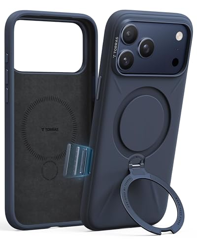 Image of TORRAS Ostand Q3 Silicone for iPhone 17 Pro Max Case | Luxury 55 Liquid Silicone | 360 Click-Lock Rotating Stand Cover | Fit for MagSafe | Camera Control | Premium Imported | Deep Blue