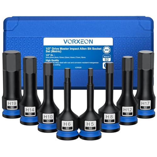 VORXEON 1/2 Jeu de Douille hexagonal 5mm-19mm en acier allié S2 Coffret de Douilles Tournevis à Chocs Hexagonal adapté aux clés pneumatiques, réparations...