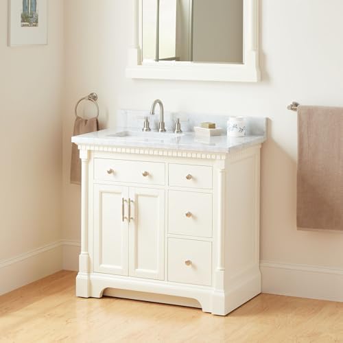 Signature Hardware 953832-36-RUMB-8 Claudia 36" Mahogany Single Basin Vanity Set with Cabinet, Vanity Top, and Rectangular Undermount Sink - 8" Faucet Holes - White/Carrara Marble