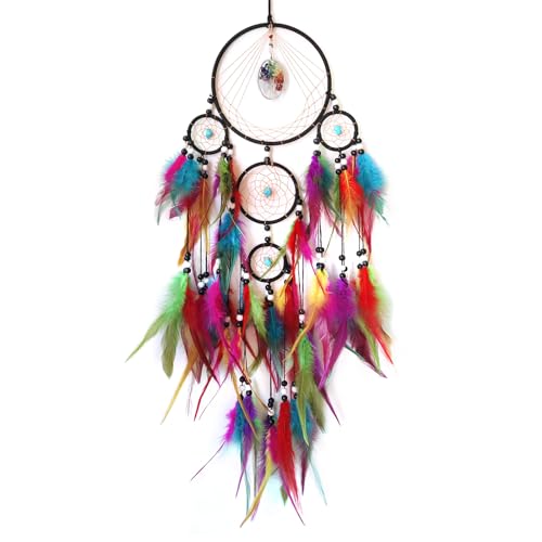 SOYUZU Colorful Large Dream Catcher Wall Decor Feather Dream Catchers with Crystal Tree of Life Pendant Handmade Dreamcatcher Wall Hanging Ornament for Bedroom Living Room Home Decor