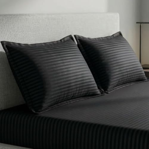 Image of Home Sizzler Microfibre Black Satin Stripe Double Bedsheet with 2 King Size Pillow Covers