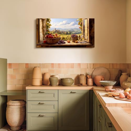 crmotu Faux Window Rustic Wall Art, Fruit Harvest Kitchen Wall Decor, Vineyard Landscape Large Art Prints, Orchard Beyond the Windowsill Pictures for Living Room Dining Room Bedroom 20x40 Inch