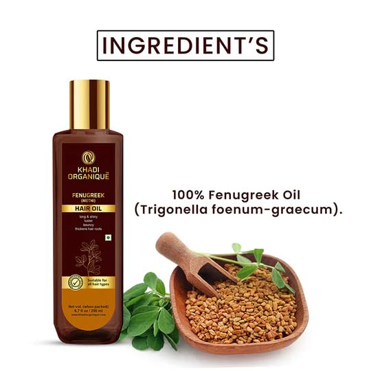 Image of KHADI ORGANIQUE Fenugreek Hair Oil | For Hair Growth & Thickness | Reduces HairFall, Dandruff, Baldness & Itchiness | Nourishes Roots, Adds Shine & Helps to Prevents Premature Greying - 200 ml