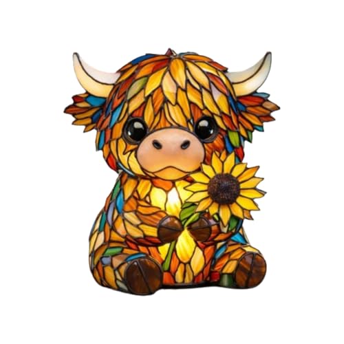 Stained Highland Cow Lamp, Vintage Highland Cow Lamps Stained Resin Table Lamps, Animal Series Night Light Home Decor, 3D Cute LED Animal Bedside Table Night Lights for Cow Lovers (Yellow)