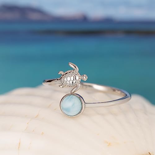 925 Sterling Silver Hawaiian Turtle and Full Moon, Adjustable Easy Resize Wrap Around Bypass Ring Eternity Band, Blue White Opal Larimar, 14K Gold Plated, Hypoallergenic Nickel Free, with Gift Box2