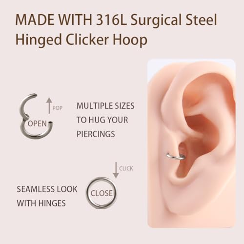 Image of FANSING Men Women 316L Surgical Steel Hinged Nose Rings Hoop for Nostril Septum Cartilage Helix Daith Tragus Rook Conch Lip Ear Lobe Piercings