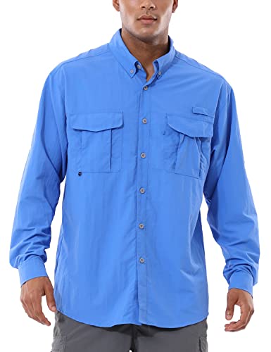 BALEAF Men's Long Sleeve Hiking Shirts Fishing Button Down Lightweight UPF 50+ UV Sun Shirt Nylon Quick Dry Bluebell XL