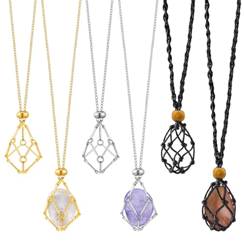 6 Pcs Crystal Necklace Holder Adjustable Empty Stone Holder Necklace Crystal Holder Boho Handmade Cord Cage for Women Men