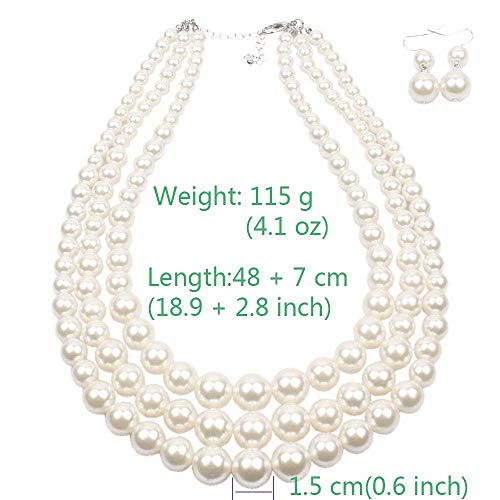 Daimay Simulated Pearl Chokers Multi-Layer Pearl Necklace Multi-Strand Pearl Statement Bridal Choker Necklace for Wedding Party Jewelry 20s Flapper Necklace for Party with Earring -White - Image 4