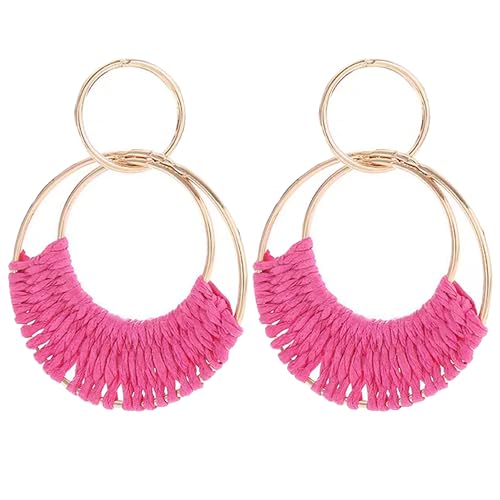 Image of Dodocatie Raffia Hoop Earrings for Women, Boho Statement Handmade Unique Summer Tropical Straw Woven Loop Circle Earrings Fashion Bohemian Beach Accessories