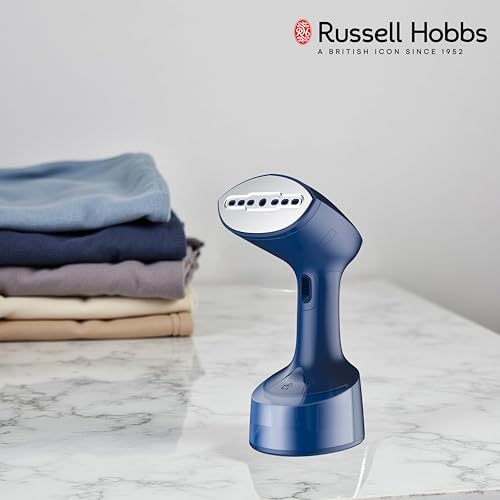 Image of Russell Hobbs 1500W Foldable Handheld Garment Steamer | Quick Heat-Up in 25s, 24g Constant Steam Output with Lock Button | Brush Attachment & 99.9% Bacteria Removal | RGS1500HANDYF (Blue)