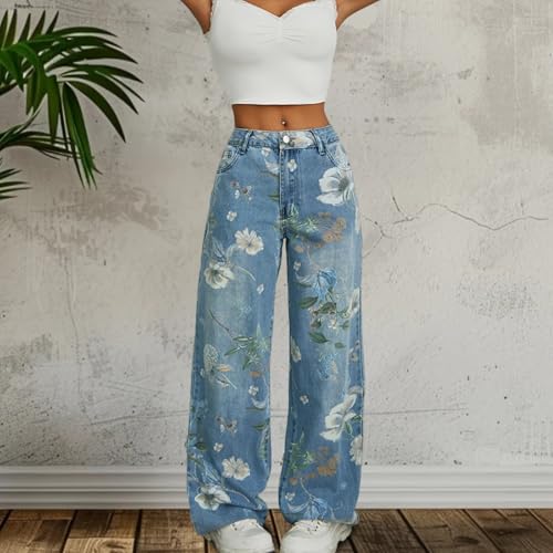 Womens Baggy Jeans Y2k Trendy Floral Print Washed Wide Leg Boyfriend Jean Casual Straight Leg Denim Pants2