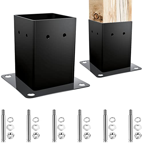Post Base Bolt Down Steel Post Base Brackets 1pk Heavy Duty Wood Fence Post Anchor for Pavilion Mailbox Deck Support, with 4PCS Expansion Screws and 8PCS Screws (Inner Size 3.74 X3.74 Inch)