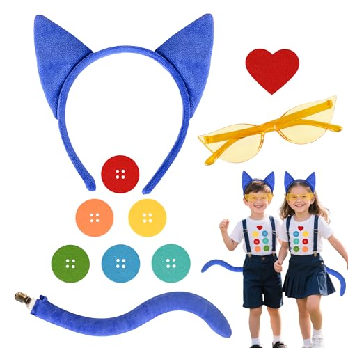 FKCQRJW 10PCS Blue Cat Costume Accessories Kit - 1 Blue Cat Ear Headband & 1 Tail with Clip & 1 Yellow Glasses, 6 Button Stickers & 1 Heart Sticker, Dress Up for Book Day Cosplay Party
