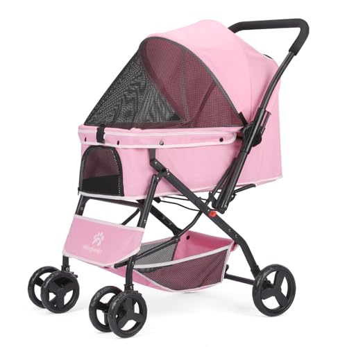 Wefrib Passeggino pieghevole per cani e gatti, con cestino portaoggetti, ruota anteriore a 360°, ruota posteriore con freno, passeggino da viaggio leggero per cani di piccola taglia e media (rosa