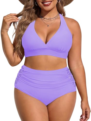 Womens High Waisted Bikini Plus Size Swimsuit 2 Piece Tummy Control Bathing Suits Plus Size Swim Suit Purple 20 Plus
