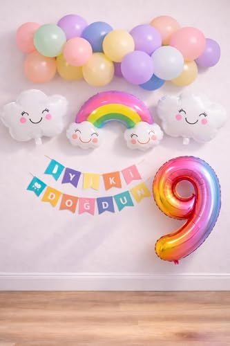 9 Yaş Gökkuşağı Bulut Konsepti Doğum Günü Parti Kutlama Seti