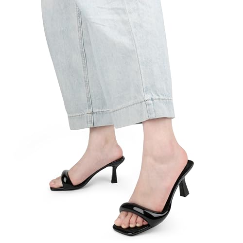 Image of Women's Kitten Heels Sandals 2.76 Inch Square Toe Stiletto One-Strap Heeled Sandals Slip-On Mule Heels for Women