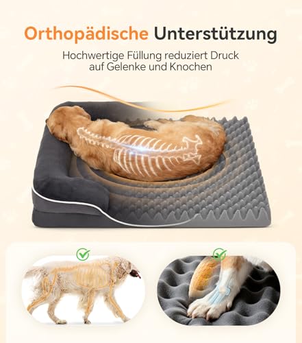 The Fellie Hundebett, Orthopädisches Hundebett Grosse Mittelgroße Hunde, Flauschiges Hundekissen, rutschfeste, Atmungsaktiv, Hundebetten kleine Hunde, Hundecouch Waschbar, Grau,71x58x16.5cm