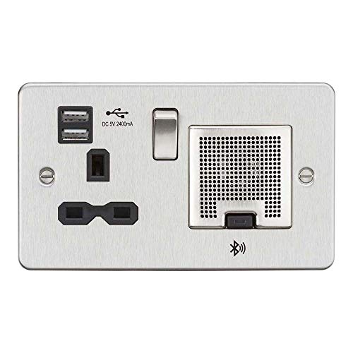 FPR9905BC Flachsteckdose, 2,4 A USB-Ladegerät und Bluetooth-Lautsprecher, gebürstetes Chrom mit schwarzem Einsatz, 13 A