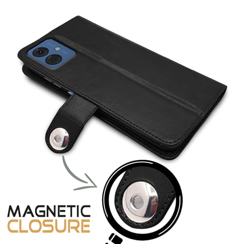 Image of Pikkme Flip Cover Leather Finish | Inside TPU with Card Pockets | Wallet Stand and Shock Proof | Complete Protection Button Flip Case for Moto G14(Black)