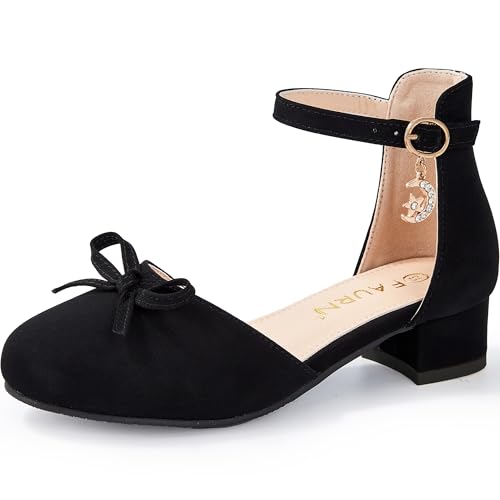 Girls Dress Shoes Closed Toe Heels Bowknot Ankle Strap Flower Pump Shoes Party Wedding School Sandals for Toddler Little Big Kid