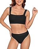 Women Sports High Waisted Bikini Set Bandeau Crop Top Athletic Two Piece Swimsuits High Cut Bathing...