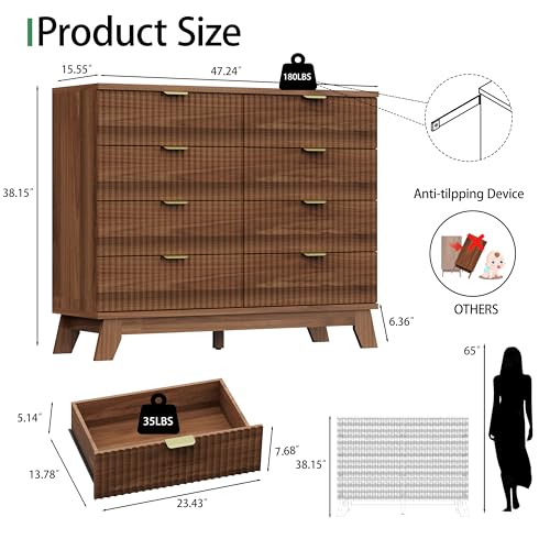 Image of Xixini Fluted Dresser for Bedroom with 8 Drawers, 48 inch Wide Modern Chest of Drawers with Metal Handle, Wooden Dresser TV Stand, Wood Closet Clothes Storage Organizer for Living Room, Hallway, Walnut