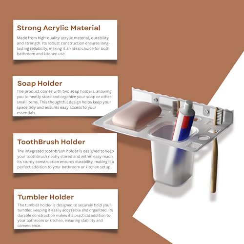 Image of GLOXY Unbreakable Transparent Wall Mount ABS Toothbrush & Tumbler Holder with Soap Dish, Usable for Bathroom and Wash Basin Area, Bathroom Accessories