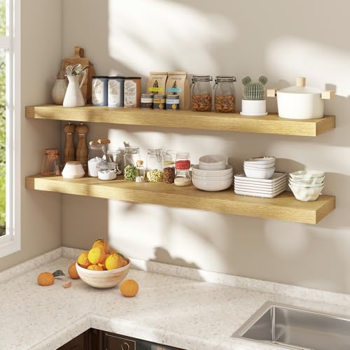 Image of Dreamland 55 Inch Floating Shelves for Wall,8 Inch Deep Floating Shelves,55 inch W x 8 inch D Wall Shelves for Bedroom,Living Room, Kitchen,Bathroom,Oak Color,Set of 2