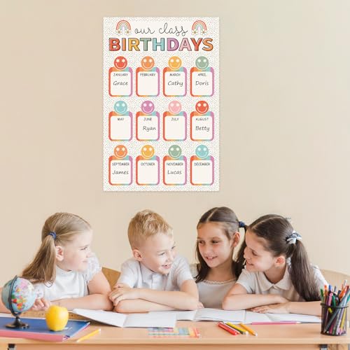 Image of Whaline Happy Birthday Chart Poster for Classroom Boho Retro Smile Face Rainbow Birthday Chart Calendars Colorful Birthdays Poster Decoration for Bulletin Board Chalkboard Wall Decor, 11 x 16.5 Inch