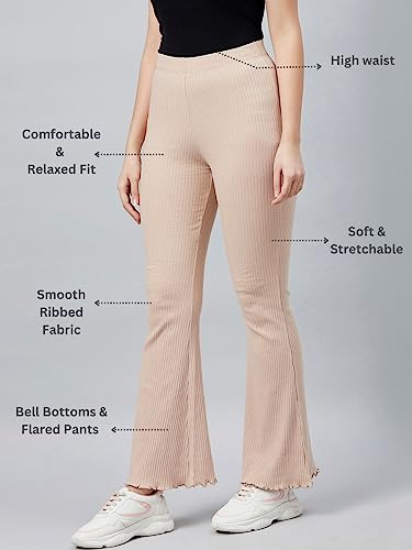 Image of BLINKIN Women's Stretch Fit Mid Rise Ribbed Stretchable Flared Pants | Boot Cut Bell Bottom Pants - Ideal for Yoga & Gym Wear, Casual Wear & Office Wear Trousers