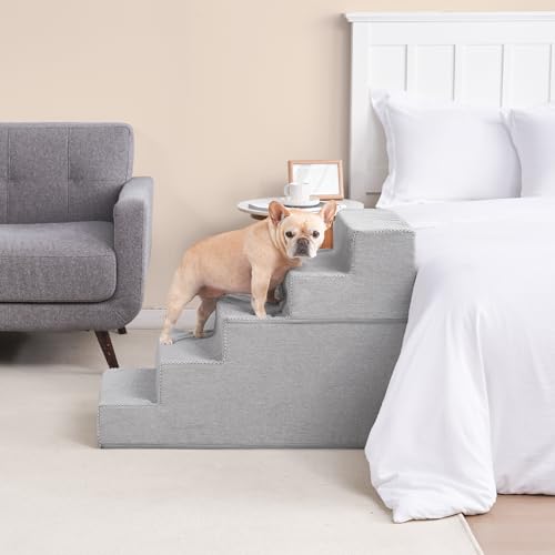 Image of EHEYCIGA Dog Stairs for High Bed 25 inch H, 5-Step Extra Wide Dog Steps for Bed, Pet Steps for Small Dogs and Cats, Non-Slip Balanced Pet Ramp Indoor, Light Grey