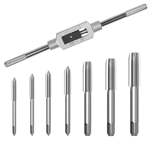 Ofnmy 8Pcs Metric Tap Set,Tap And Die Set,Hand Screw Thread Taps Set,Mini Metric Plug Tap Screw Tap Drill Tap Drill Set Tapping Tool M3 M4 M5 M6 M8 M10 M12 With Adjustable Tap Wrench Tool 1/16-1/2 Inch thumb #7