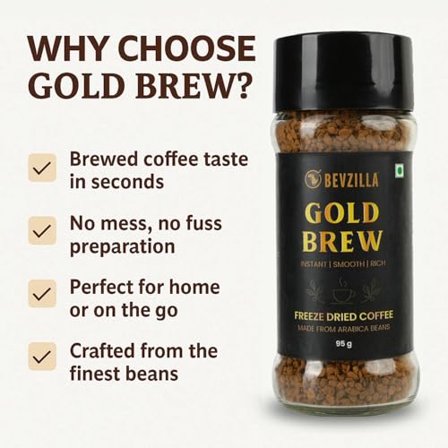 Image of Bevzilla Gold Brew Instant Freeze Dried Coffee Powder - 95g Jar |Arabica Coffee | Best for Hot & Cold Brews | Best for Espresso, Cappuccino & Iced Coffee | No Preservatives | Unbreakable Jar