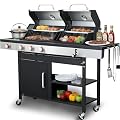 GRILL DEPOTS 3 Burner Gas & Charcoal Combo Grill with Side Burner, 39,000 BTU Propane BBQ Grill, Cast Iron Grates & Griddle, Warming Rack, Grease Tray, Storage Cabinet, 4 Wheels for Outdoor Patio