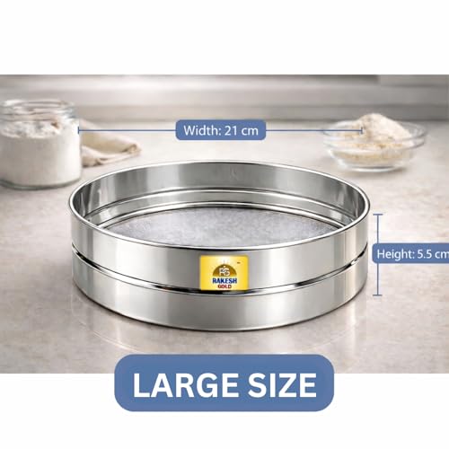 Image of Rakesh Gold Large Stainless Steel Atta & Suji Chalni | Fine Mesh Steel Sieve | Heavy Duty Food Grade Kitchen Channi | Premium Stainless Steel Flour Sieve (Large Size, Atta and Suji CHALNI)