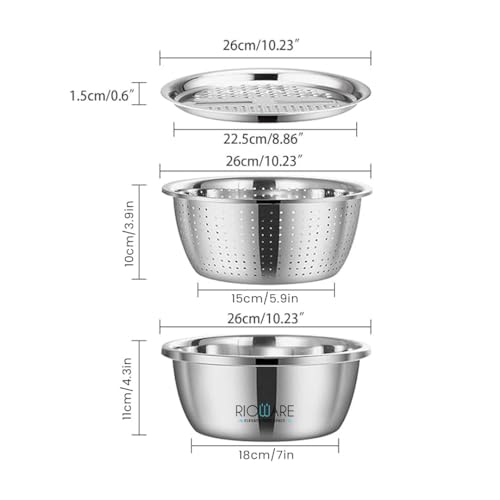 Image of Rioware 3-in-1 Multipurpose Drain Basket Grater & Basin Bowl | Stainless Steel 26cm(4 Liters) Double Layer Colander | Multi-Functional Vegetable Cutter & Fruit Washing Sieve for Kitchen