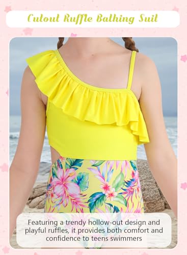 Image of Alakuoti Girls One Piece Swimsuits Cutout Ruffle Bathing Suit Quick Dry Beach Swimwear with Adjustable Strap 5-14 Years