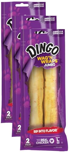 Dingo Wag’n Wraps Jumbo 2 Count, Made with Real Chicken, Rawhide Snack for Large Dogs (Pack of 3)
