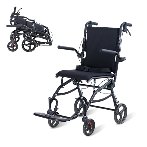 Silla de Ruedas Plegable y Ligera, Carrozzina de Transporte para Mayores y Personas con Movilidad Reducida, Con Frenos Manuales, Reposapiés Extraíbles y Diseño Compacto (Black)