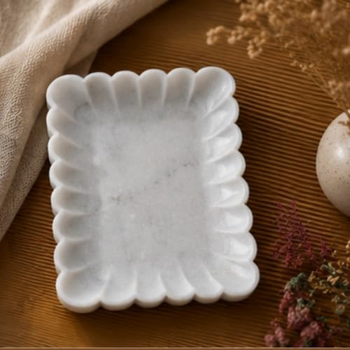 Image of Marble Urli Bowl for Decoration | Big Potpourri Decorative Bowls in Home decor | Large White Floating Flower Plates of Stone | Small Shape puja Item | (14 inch, Scalloped)