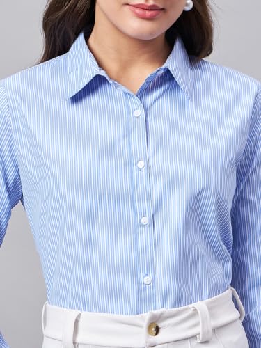 Image of Style Quotient Women Self Design Stripe Blue and White Polycotton Formal Shirt